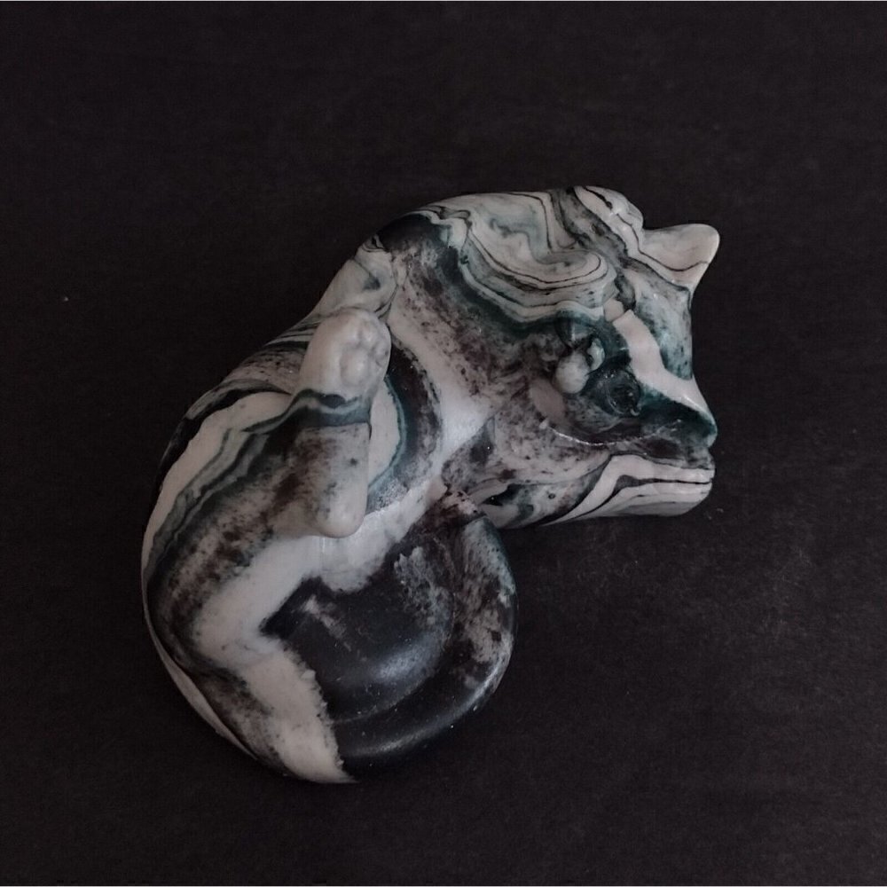 Vintage Green White Marbled Resin? Cat Figurine Showing Belly Rolling Over 3"